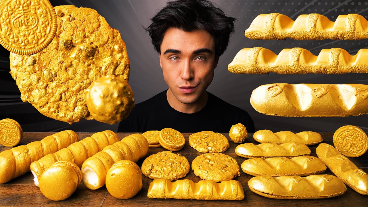 ASMR EDIBLE GOLD BARS & GOLDEN CHOCOLATE (NUTELLA, OREO, KINDER) GOLD FOOD PARTY | McBang ASMR
