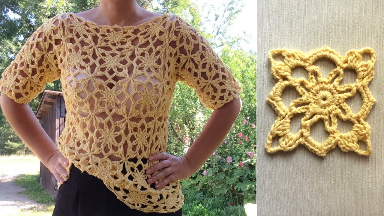 How To Crochet Lace Square Motif Pullover Top Part 1 of 2
