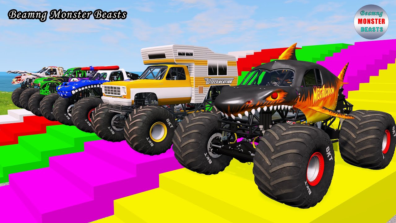 Monster Truck Transport on Triple Flatbed Trailer – BeamNG Monster Beasts 