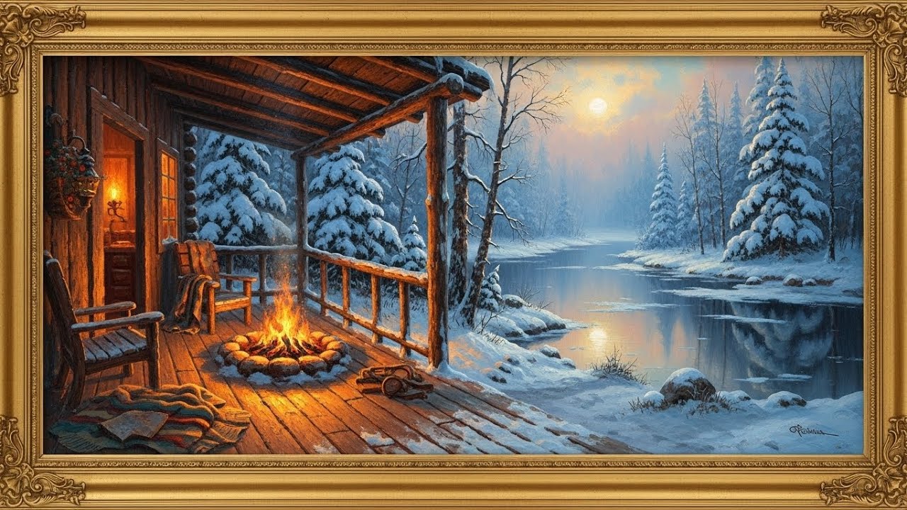 Frame TV Art with Music: Rustic Winter Peace: A Cozy Porch Fire Pit Overlooking the Snowy Woods