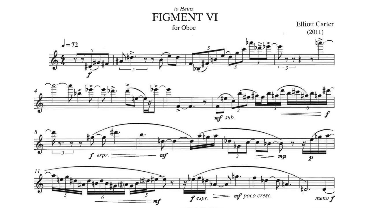 Elliott Carter - Figment VI for Oboe (2011) [Score-Video]