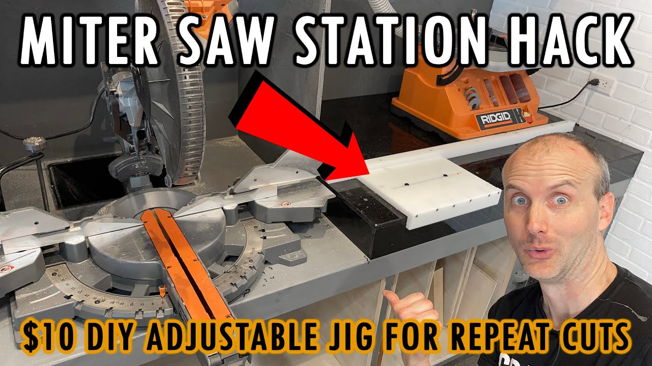 Miter Saw Station Repeat Cuts Hack - $10 Adjustable Stop Block Jig For Same Length Cuts
