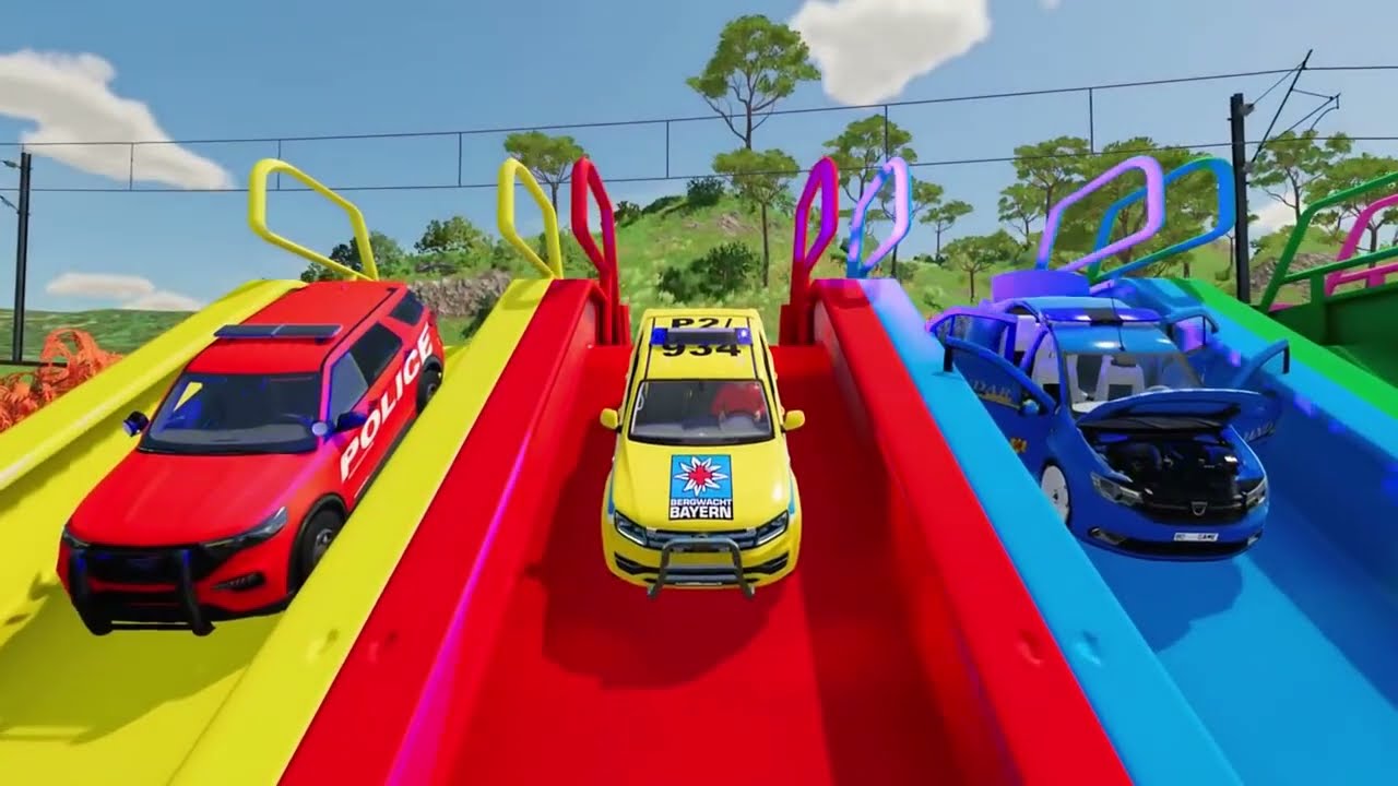 Police cars and ambulances embark on a challenging adventure! Trucks transport police carsfire 