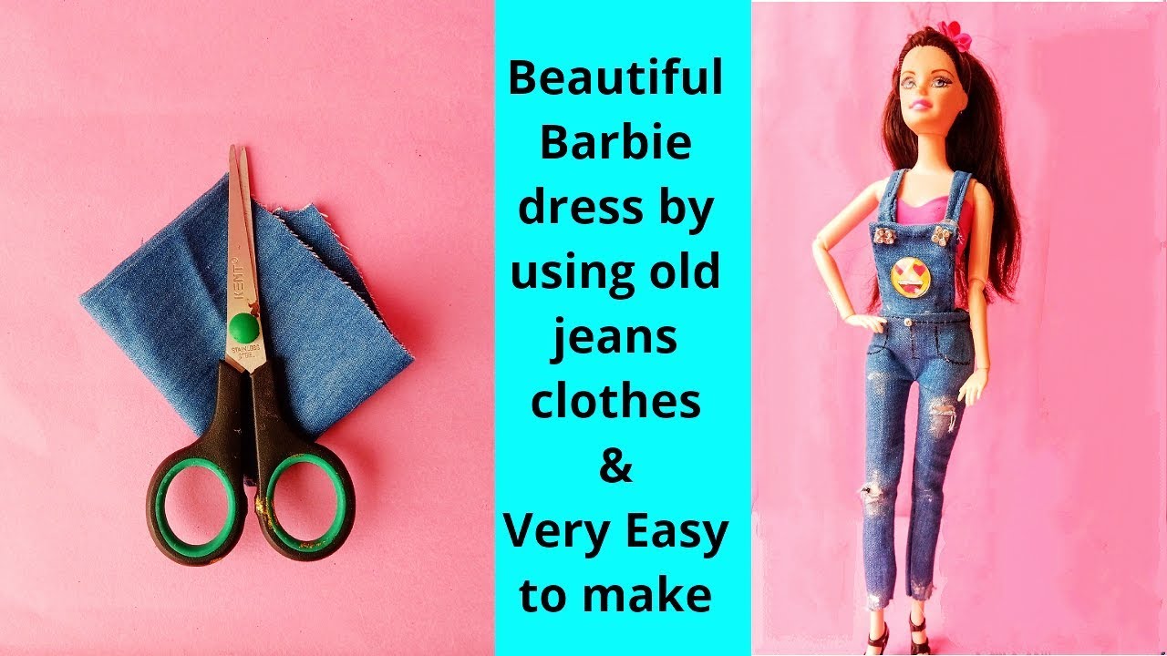 Beautiful/easy to make|| Barbie denim dungaree dress || Doll dress using old jean clothes