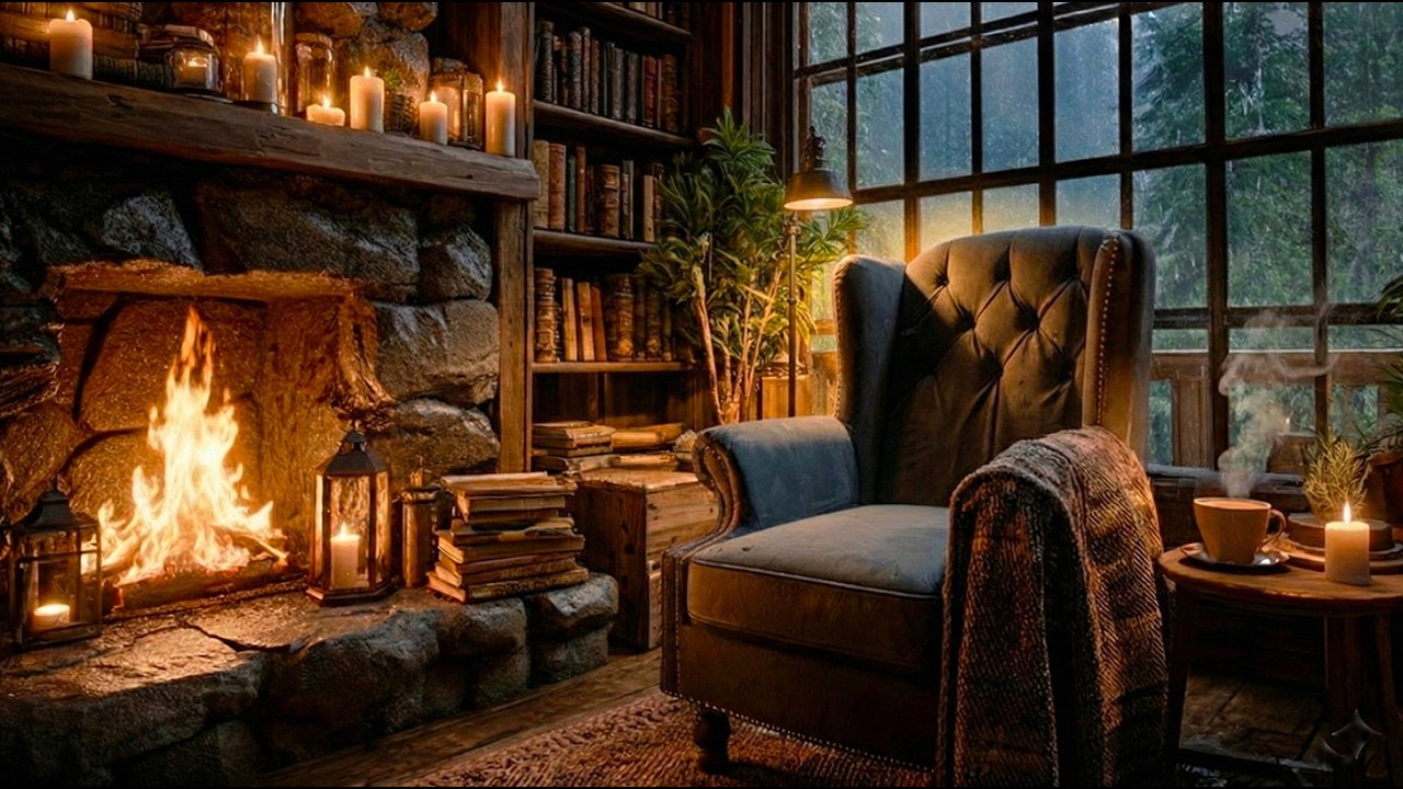 Relaxing Acoustic Guitar for Deep Rest | Cozy Rainy Cabin, Fireplace & Reading (3 Hours)