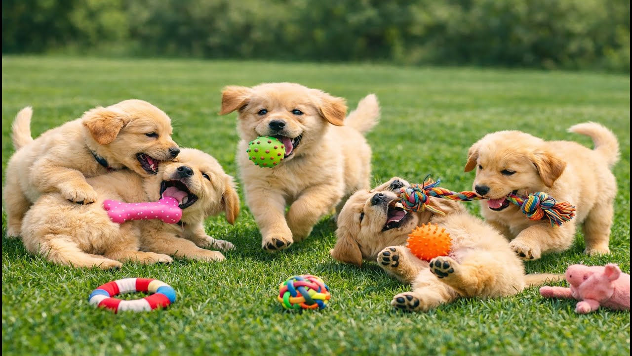 🧸🐶 Cute Puppies Competing for Toys Outdoors | Adorable Dog Barking Moments