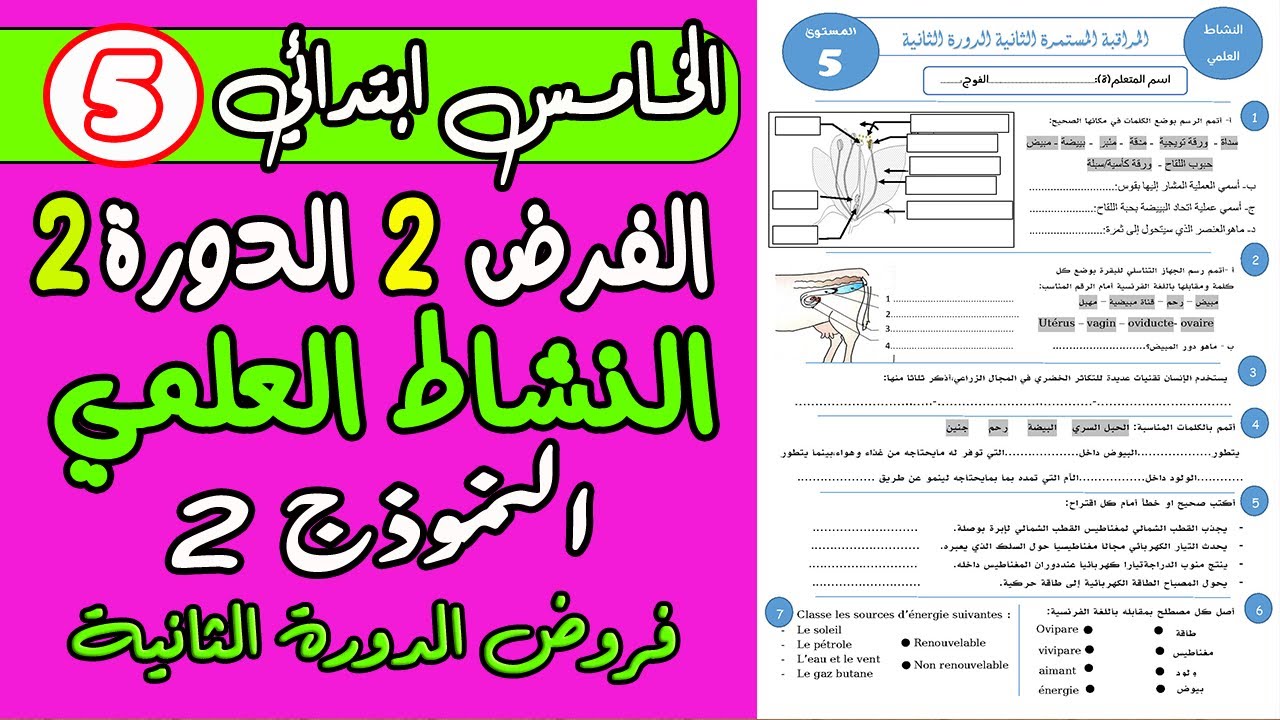 فروض المستوى الخامس ابتدائي الدورة الثانية | فرض الثاني الدورة الثانية النشاط العلمي الخامس نموذج2