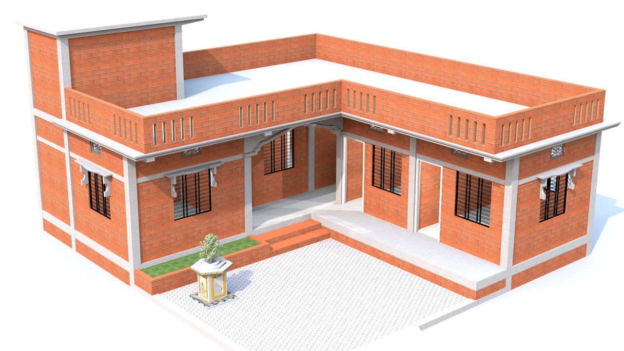 एल टाइप घरका डिज़ाइन आंगन के साथ | 4 कमरेका घरका नक्शा गाँव के लिए | 4 room small unique home design