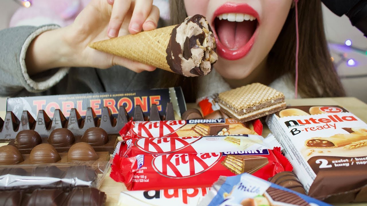 ASMR CRUNCHY CHOCOLATE CANDY Eating (KITKAT, Kinder, Cornetto, Nutella)