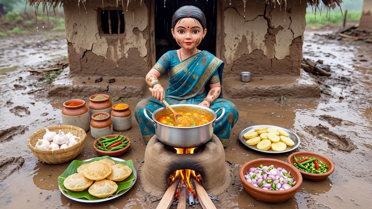 🌧️🌱 Miniature Doll Cooks Puri & Curry After the Rain | Indian Village Tiny Kitchen ASMR Story