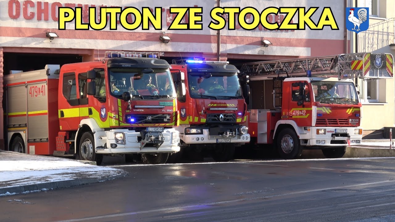 [Q2B] Alarmowanie i wyjazd 3 wozów GBA Renault D16, Volvo FL i drabiny Steyr z OSP Stoczek Łukowski