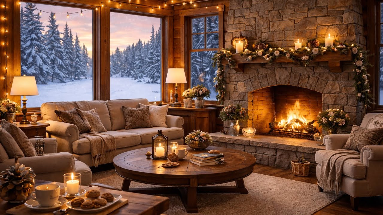 Cozy English Winter Cottage Fireplace ❄ Snow Ambience for Sleep, Study & Relaxing (4K & Music)