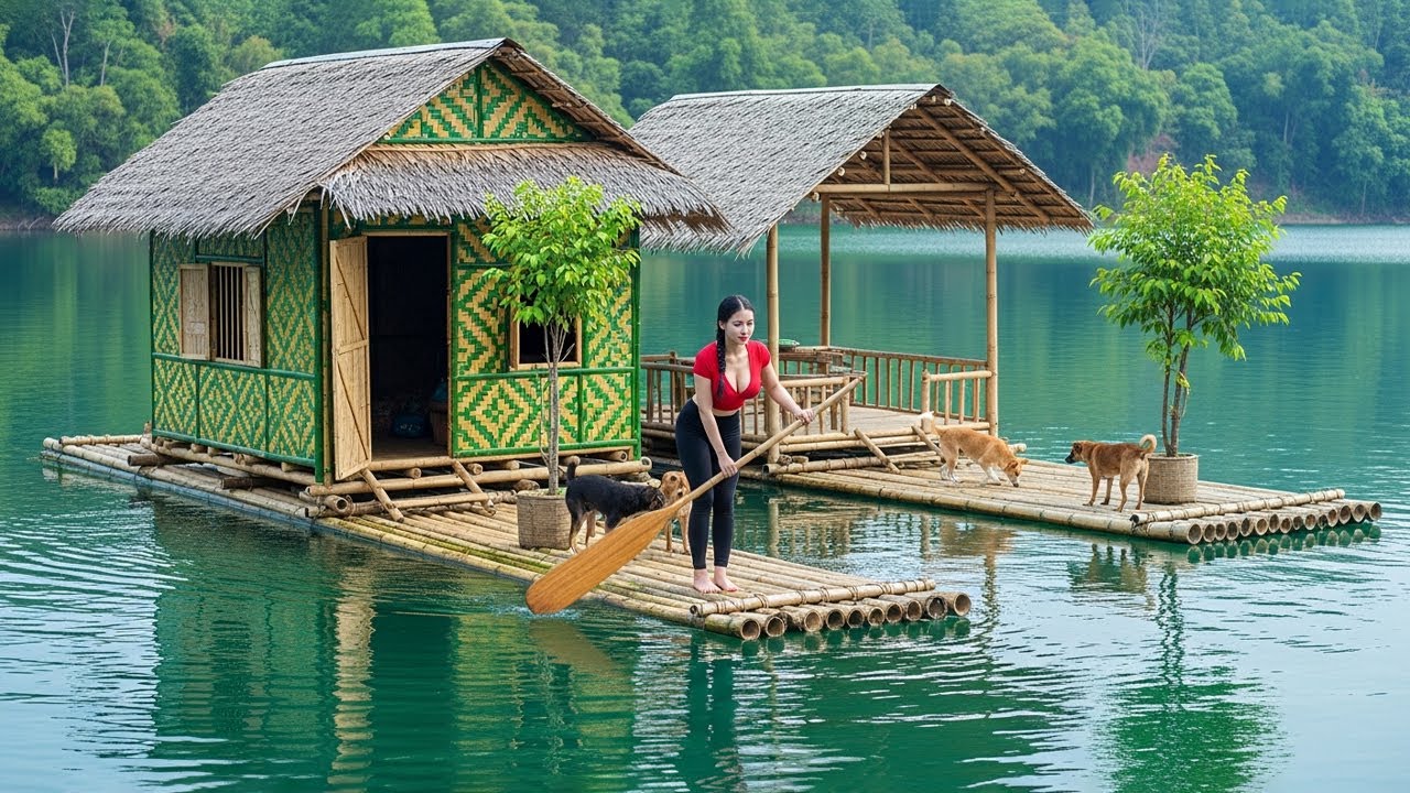 TIMELAPSE: Girl Builds SELF SUFFICIENT Floating Bamboo | Fishing & Cooking | From Start to Finish
