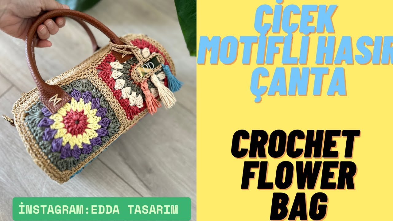 Çiçek motifli hasır çanta💕her kombin çantası🌹flower bag crochet#diy #keşfet #fyp #rafia#örgüçanta