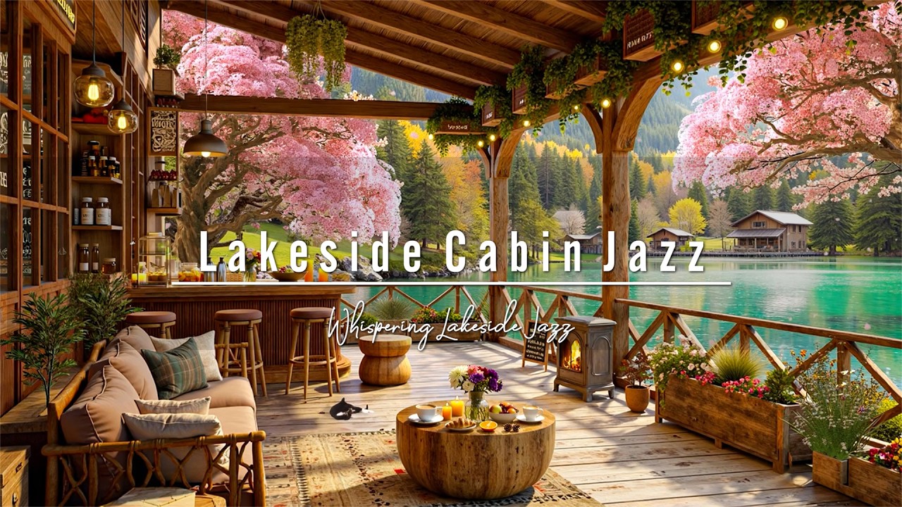 Spring Cherry Blossom Café Cabin by the Lake🌸Gentle Relaxing Jazz for Calm Morning & Positive Energy