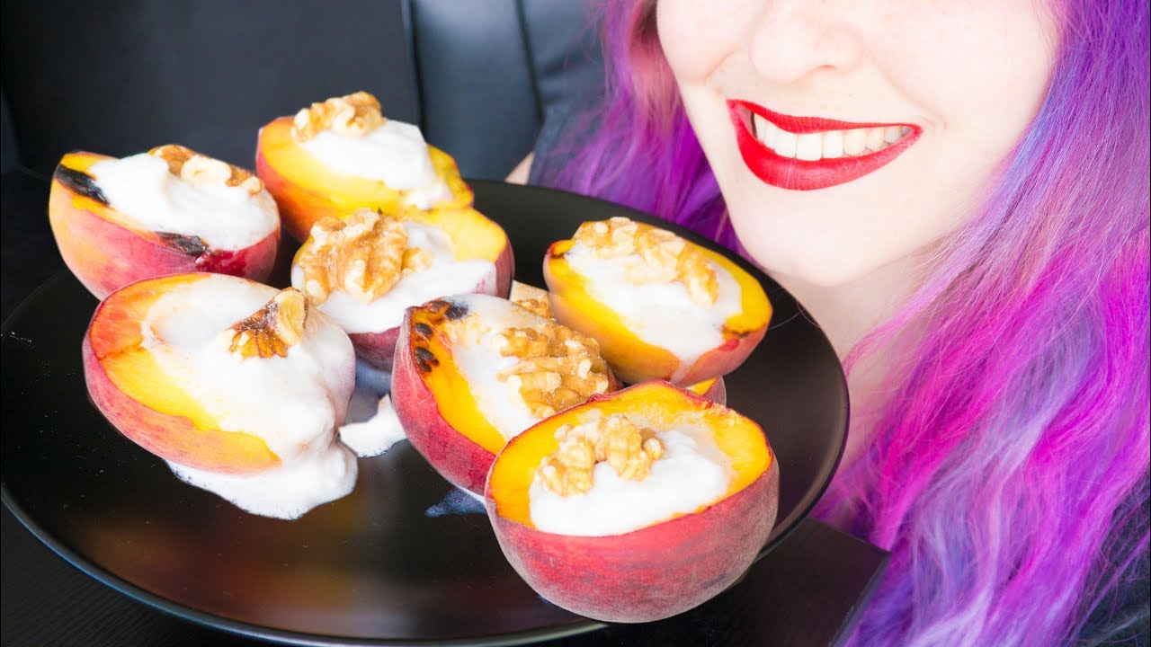 MUKBANG-ASMR: Grilled Peaches with Coconut Cream & Walnuts | Messy ~ Relaxing Eating Sounds [Vegan]😻