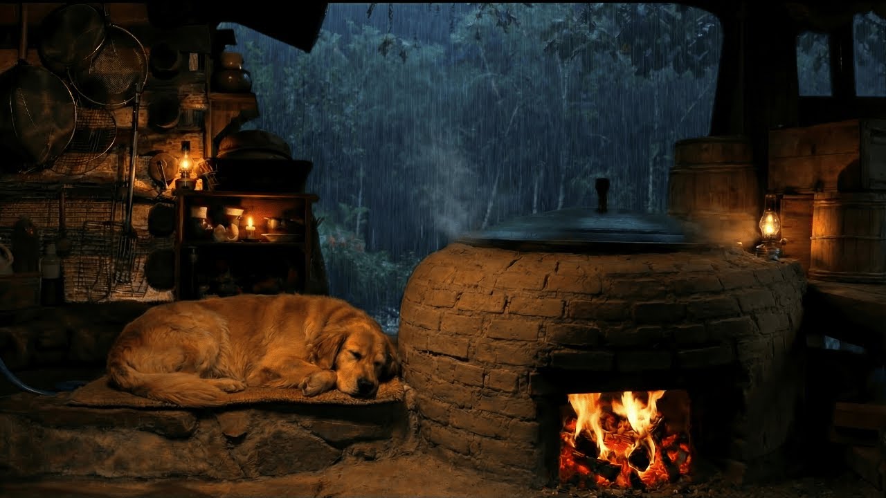 🌧️ Rainy Kitchen Ambience | Sleeping Dog by the Fire Stove for DEEP SLEEP