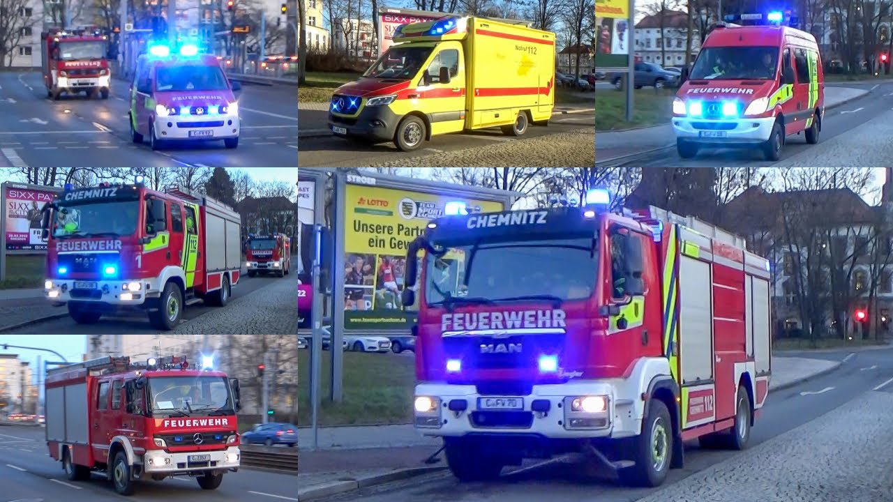 [CHEMNITZER RETTER] 2xRTW + HLF + TLF + ELW + EFD Wache 1 + ELW + HLF  FURW2 auf Einsatzfahrt