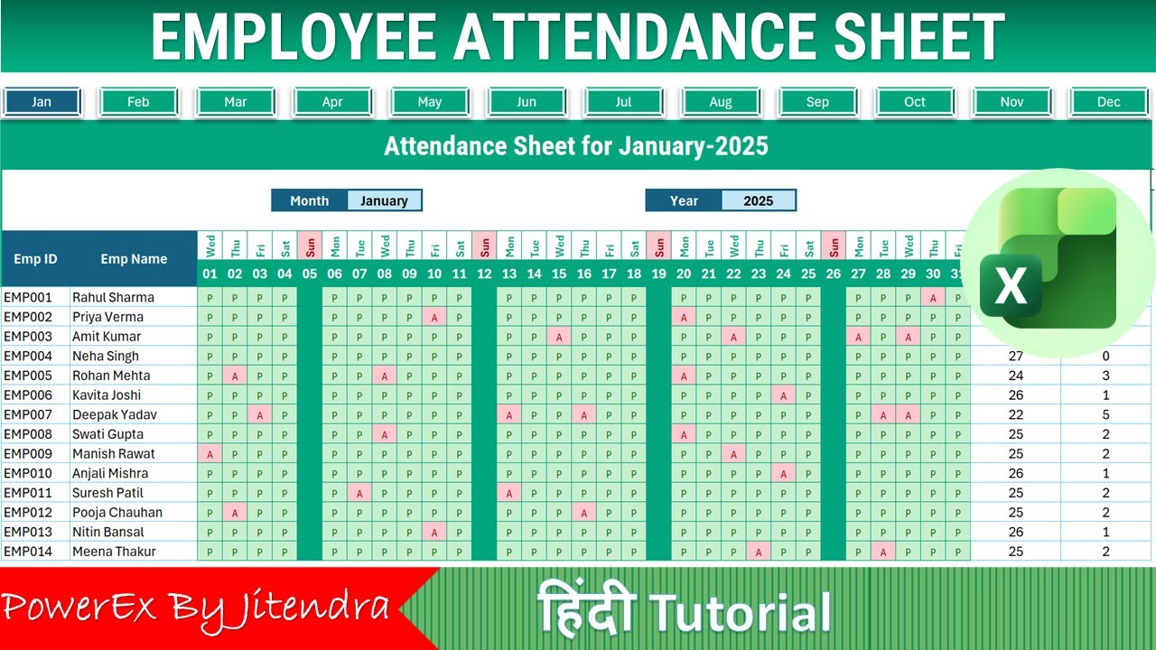 Attendance Sheet in Excel (Hindi) | 12 Month Attendance Sheet with One Click Navigation