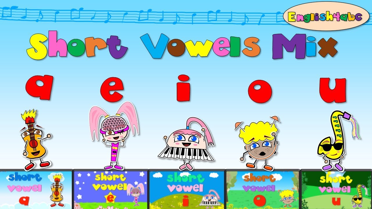 Short Vowels Mix - aeiou (five videos) - Phonics songs