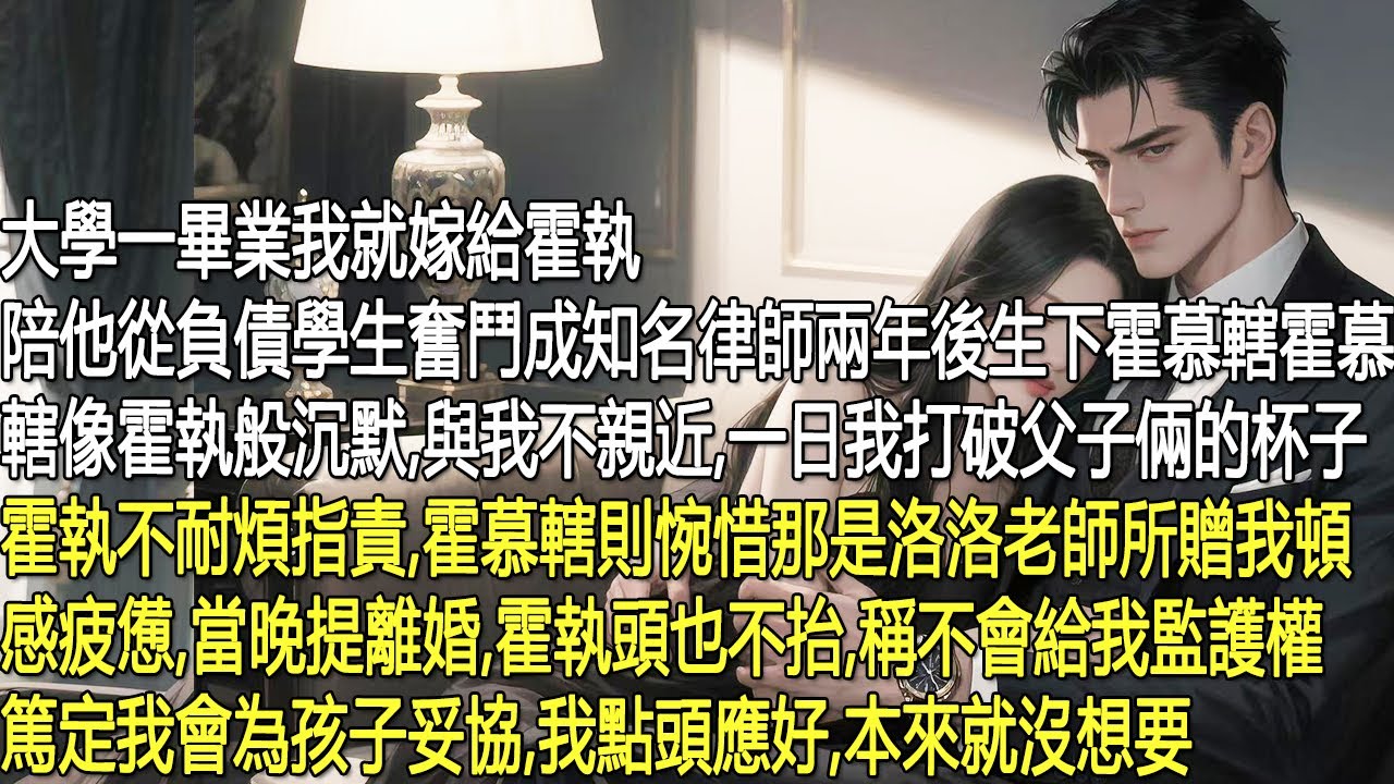 大學畢業後我嫁給霍執，陪他從窮學生到律師，生下霍慕轄。孩子像他，與我不親。一日我打碎他倆的杯子霍慕轄心疼是洛洛老師所贈。我很累，提出離婚。霍執說不會給我監護權篤我為孩子妥協。我點頭說好，本來就沒想要。