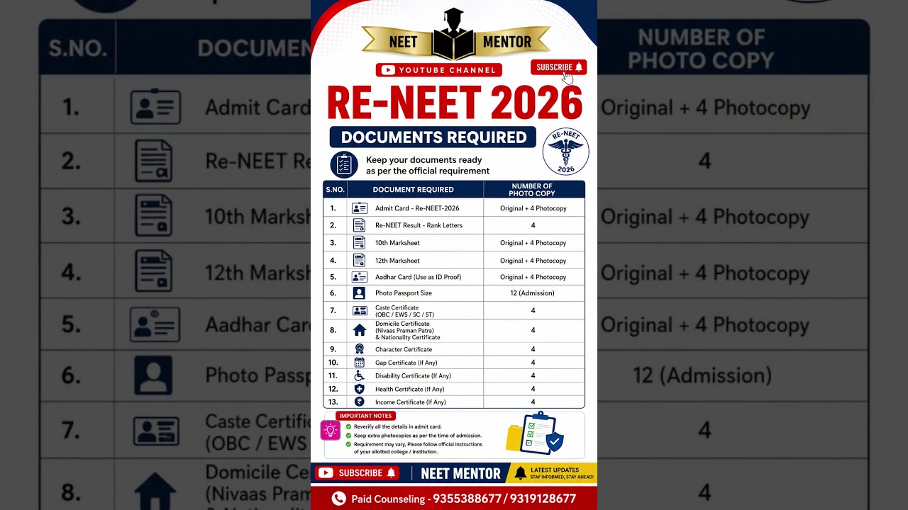 NEET UG 2026 🔥 Documents Required for Counseling #shorts #shortvideo #viral #viralvideo #trending