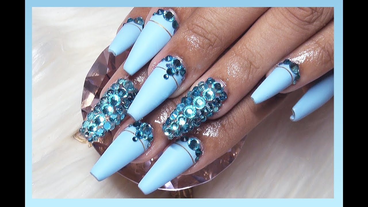 Watch Me Work: Matte Baby Blue Bling Acrylic Nails Full Set
