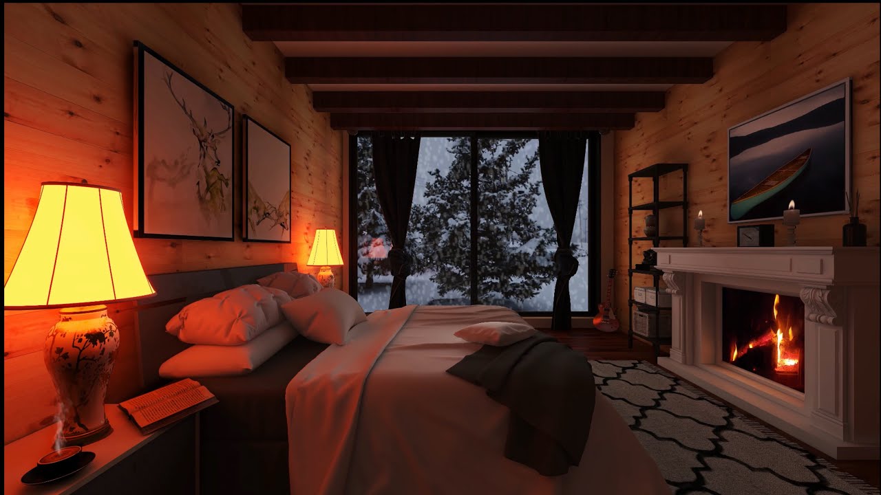 1 HOUR Cozy Bedroom Fireplace Ambience with Snow Outside ❄️🔥 
