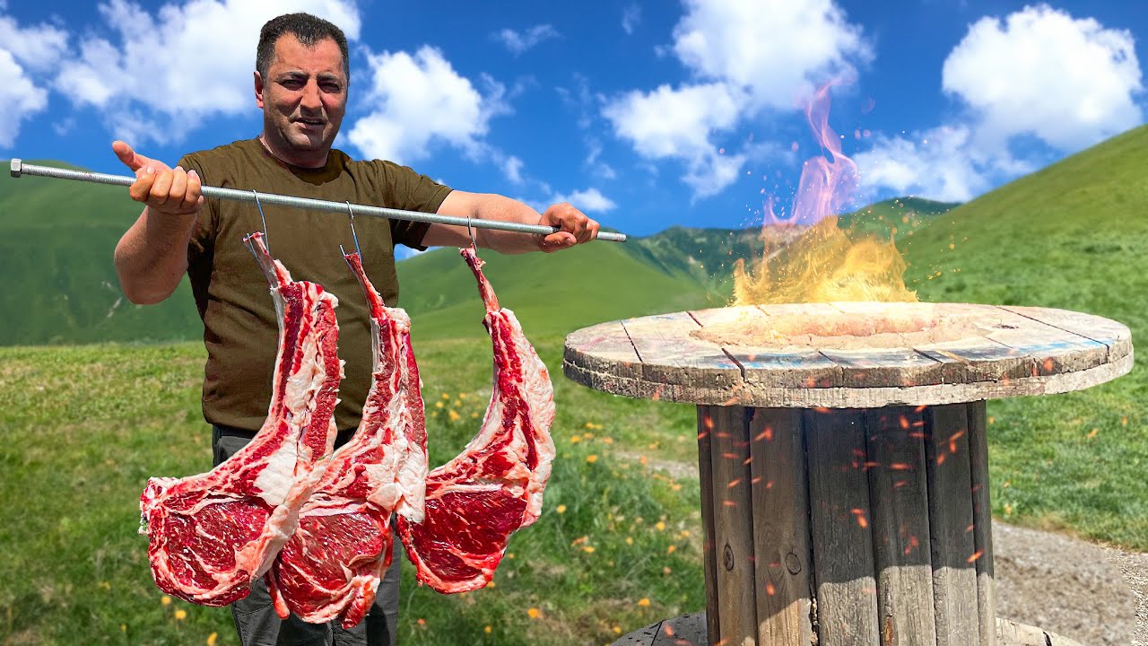 Chef Tavakkul Cooks RibEye Steak in an Improvised Tandoor Made of a Wooden Cable Drum