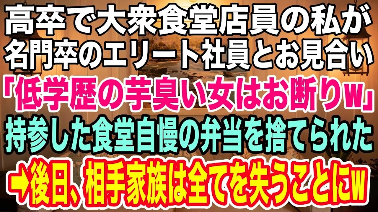 【スカッとする話】名門大卒のエリート会社員と高卒で大衆食堂店員の私がお見合い。エリート「低学歴の芋臭い女はお断りw 」持参した食堂自慢の手作り弁当を投げ捨てられた→数日後、相手家族は全てを失うことにw