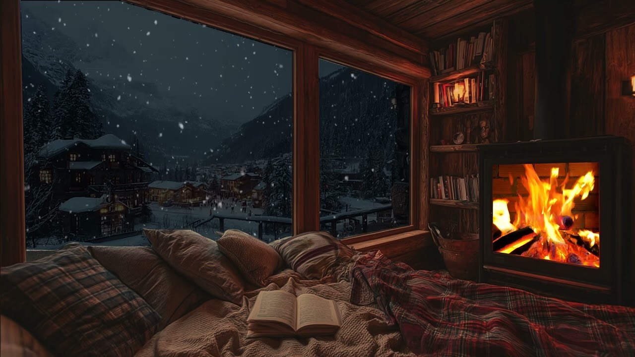 Warm Cabin Piano Music with Fireplace Sounds on a Snowy Winter Night for Sleep