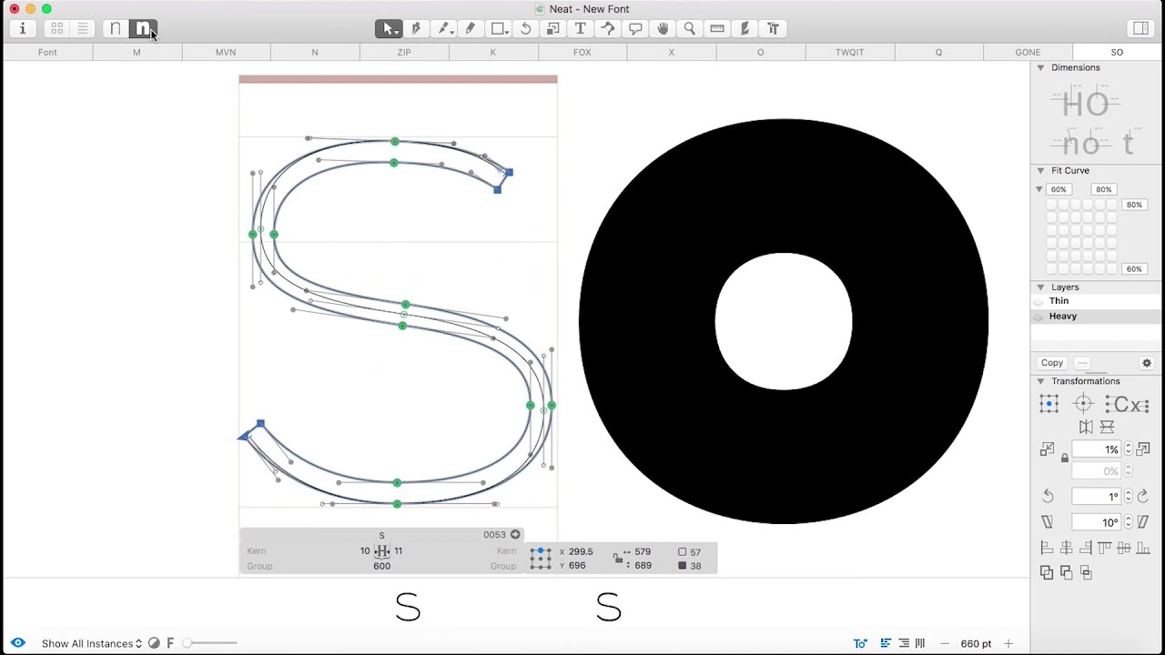 Font design - Glyphs App - Drawing uppercase S with multiple masters for Kinship Sans
