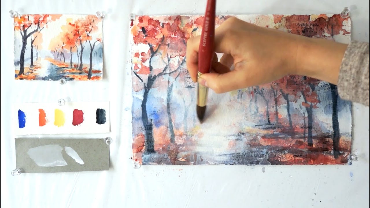 Autumn Alley. Step by step watercolor tutorial. Part 2