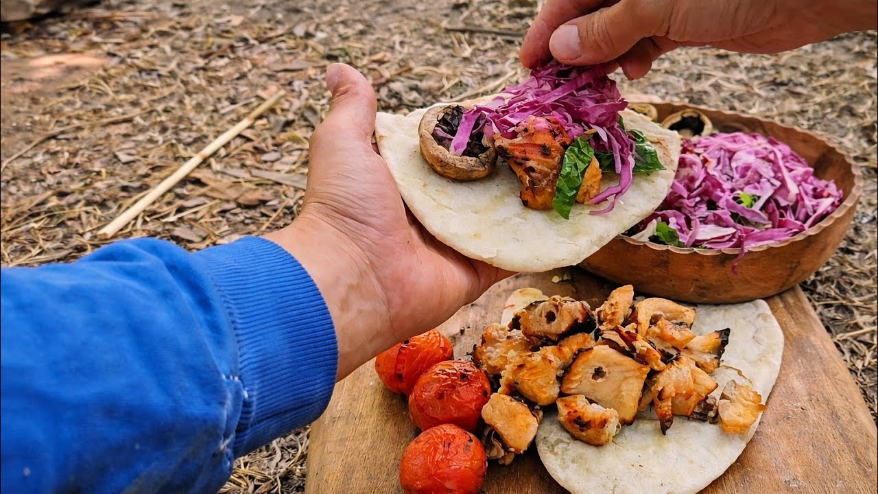 Grilled Salmon Kebab in Nature / Stone-Baked Bread