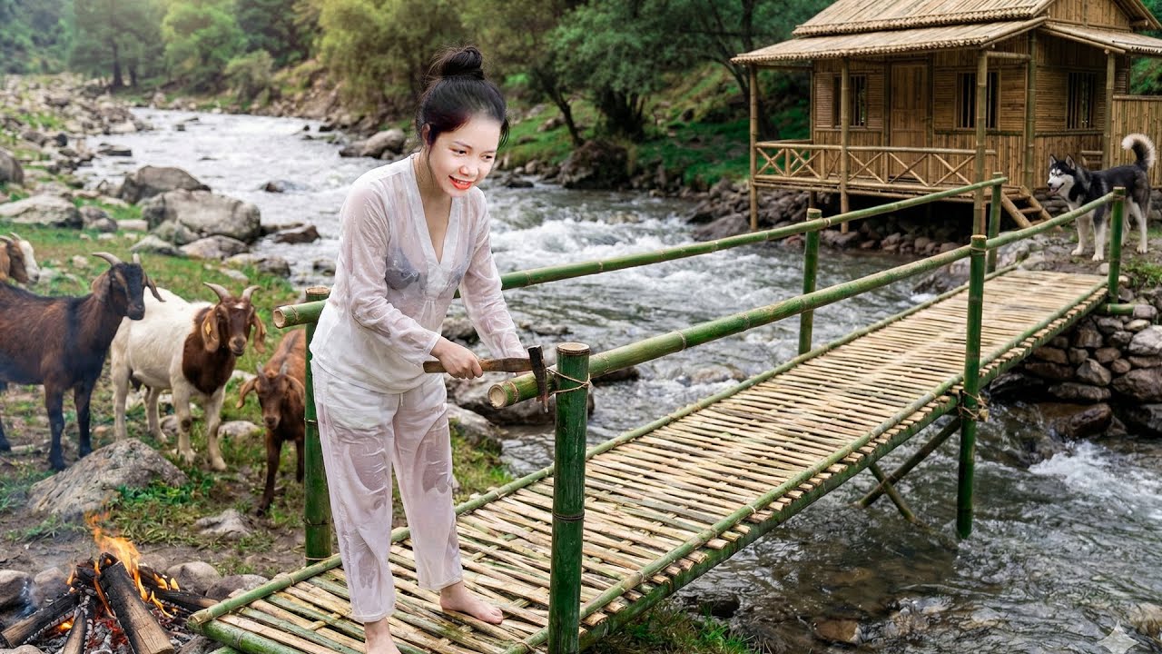 Building Bamboo Bridge & Cabin On The Fish Pond, OFF GRID FARM - Nhung Harvest Life
