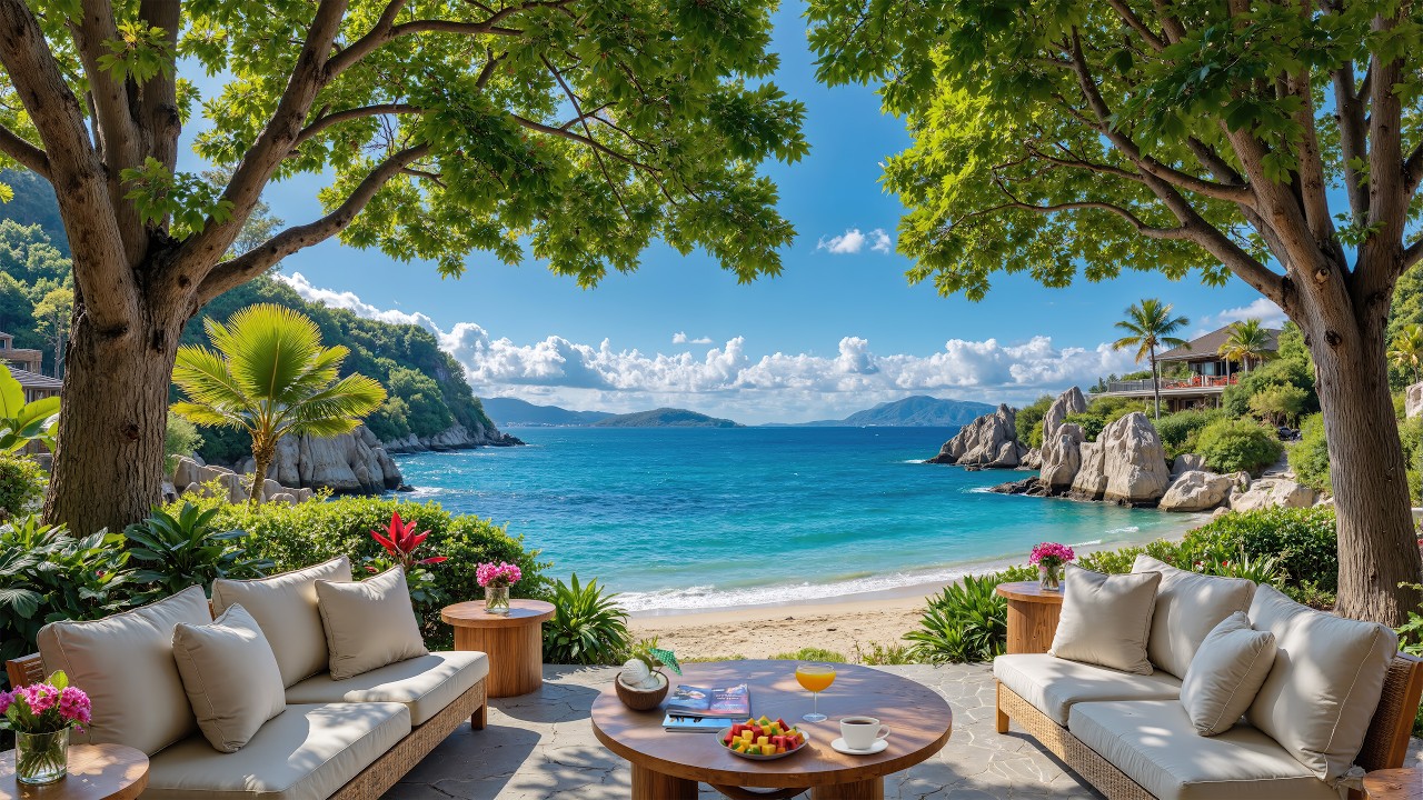 Summer Morning Jazz by the Seaside 🌴 Upbeat Bossa Nova & Ocean Wave Sounds for Relaxing Vibes