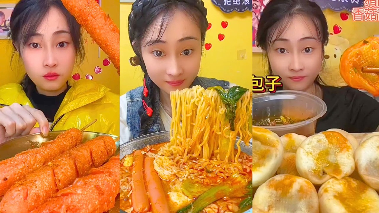 Spicy Noodles, Crispy Potato Skewers, and Fried Bun Mukbang