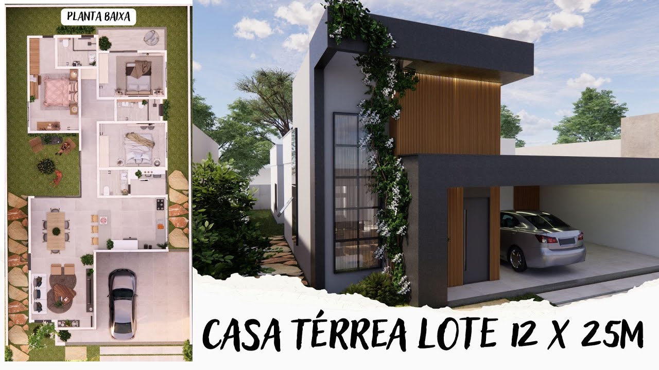 Casa para uma vida inteira: Projeto Térreo de 3 Quartos em Terreno 12x25m