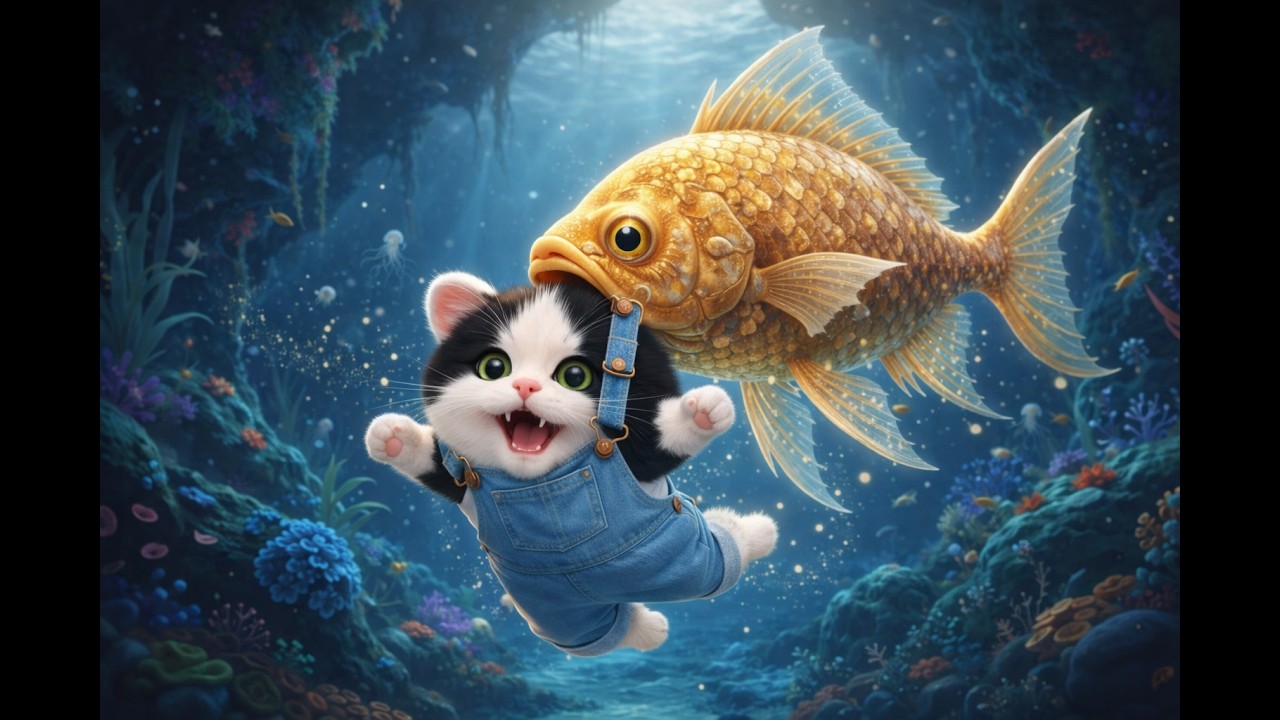 Забавный котенок катается на рыбе под водой | Милое приключение котенка 🐱🐟