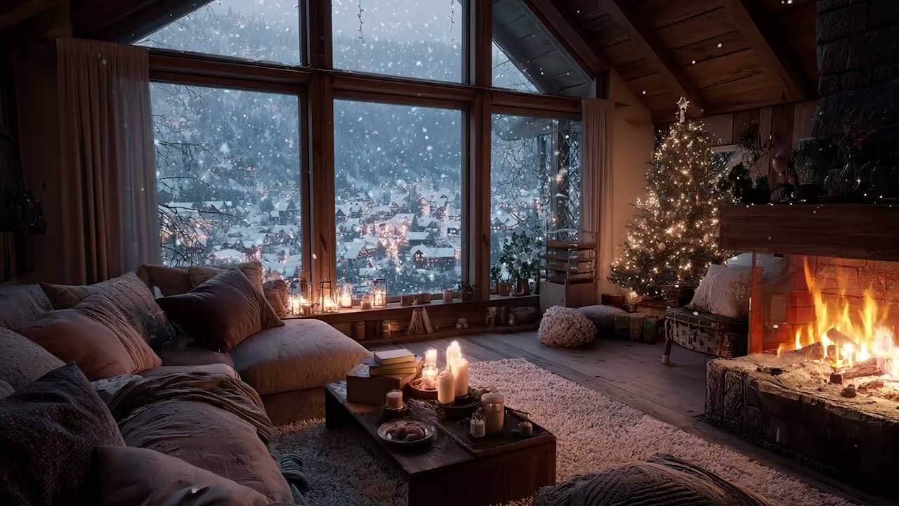 Winter Snowy Cabin Piano Night | Fireplace Glow and Gentle Snowfall