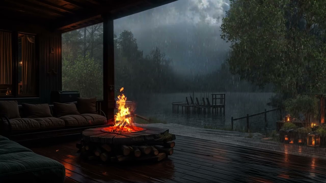 🔥 Crackling Fireplace & Gentle Lake Rain 🌧️ A Cozy Escape for Deep Sleep & Relaxation