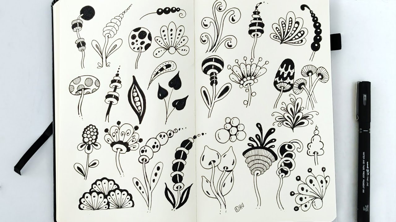 Flower doodles, zen doodle art and tangle art: sample pattern drawings for beginners