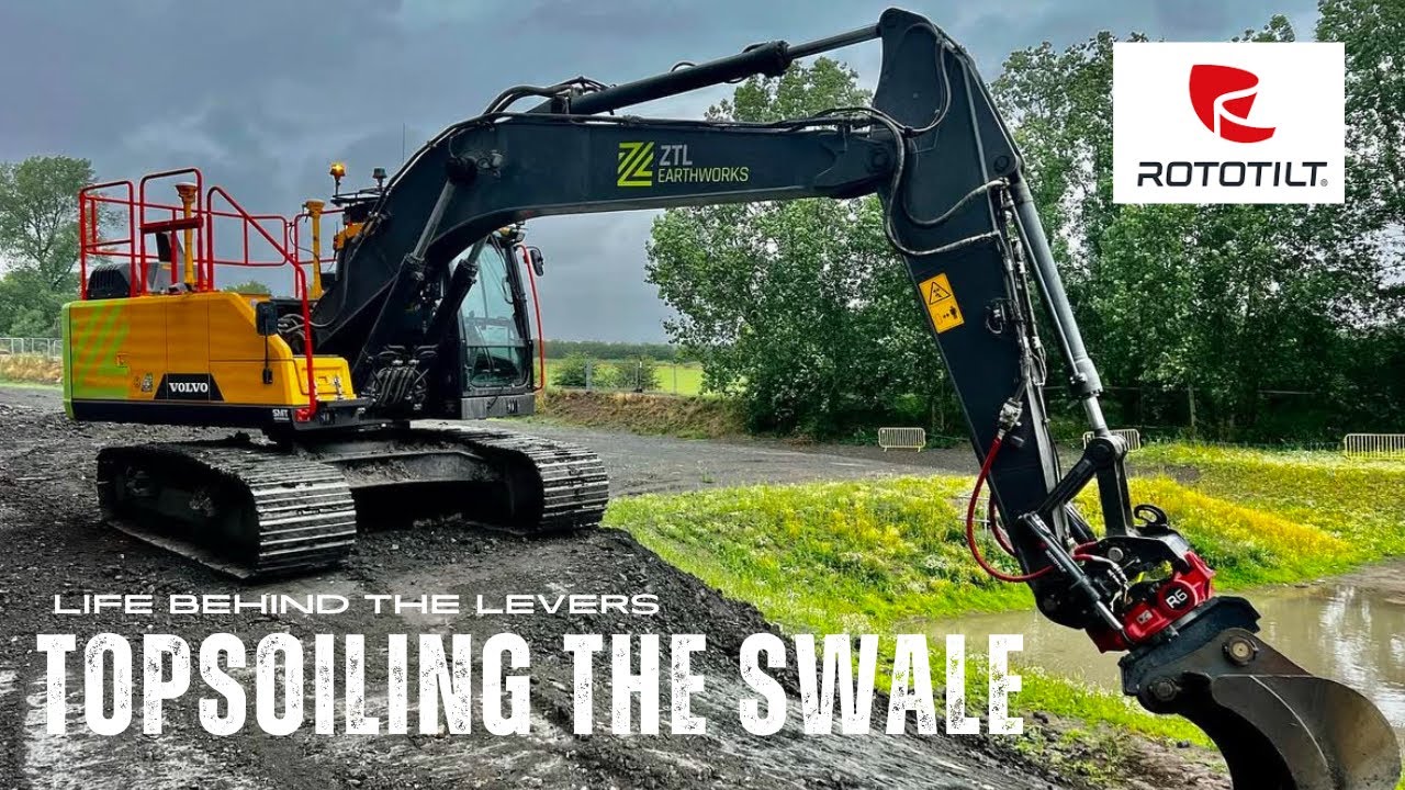 Topsoiling the Swale with the New Rototilt R6 | Volvo EC220 | Trimble GPS | Caterpillar D2 | GoPro |