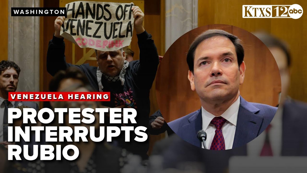 Protester interrupts Sec  Marco Rubio's explanation of Venezuela operation next steps
