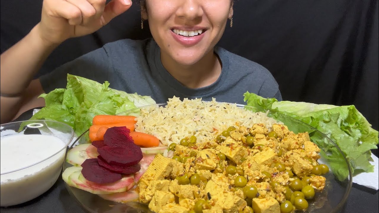 Real Mukbang 🔥 | Eating Matar Paneer + Rice 🍚 + Raita + Lots of Fresh Salad 🥗