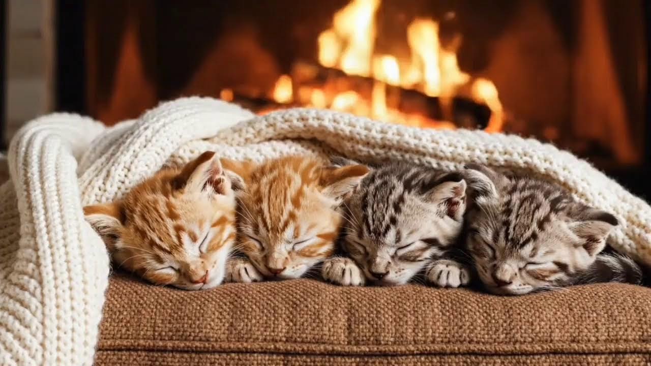 4K Sleeping Kittens by Fireplace 🔥 Cozy Relaxing ASMR | Calm Night Ambience