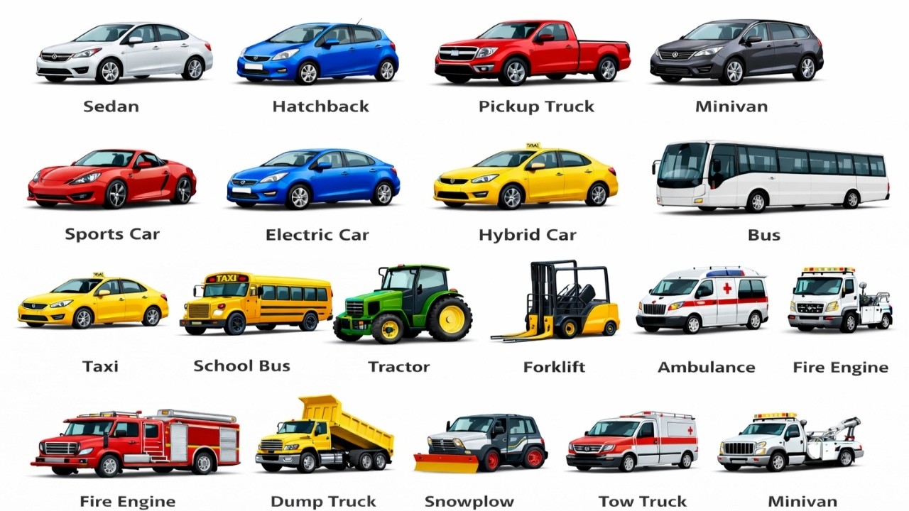 Learn Vehicle Types in English | Complete Vehicle Vocabulary – 40+ Vehicle Types.