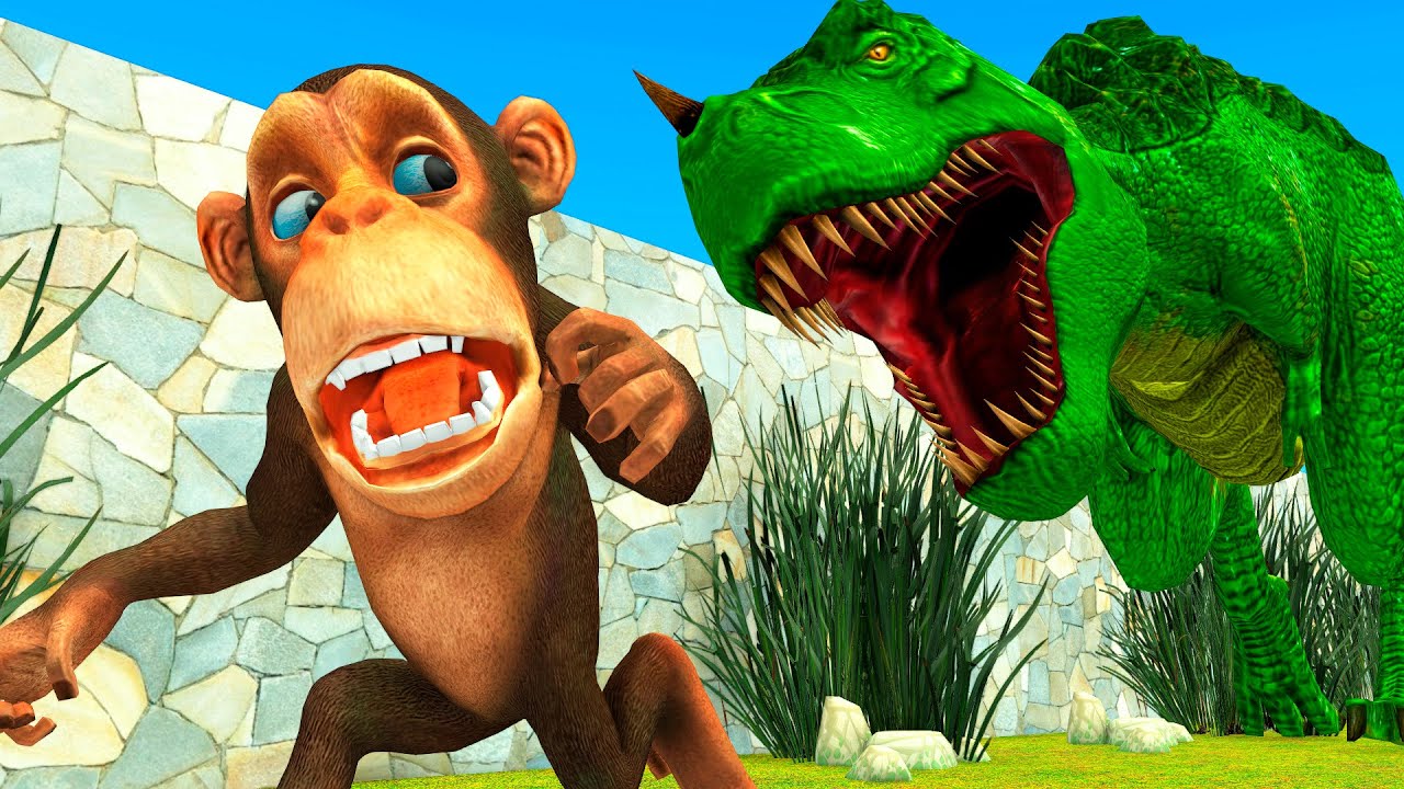 Funny Monkey runs away from Zombie T-Rex | Giant T-Rex vs Funny Monkey Animal Fight