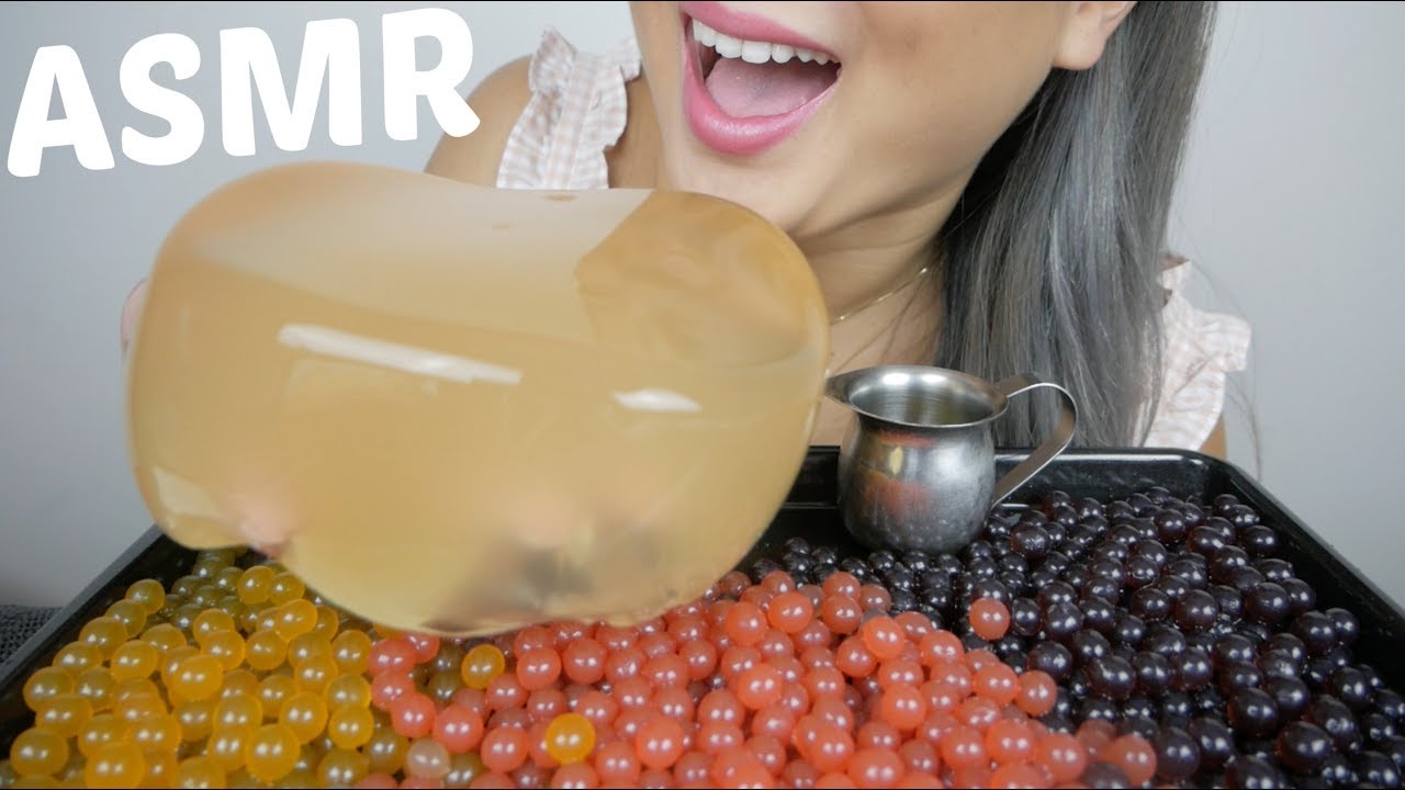 ASMR GIANT Lemon Jello With Popping BOBA *NO Talking EATING SOUNDS Mukbang | N.E Let's Eat
