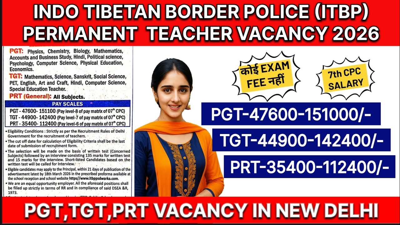 INDO TIBETAN BORDER POLICE (ITBP) School Permanent Teacher Vacancy 2026 | PGT,TGT,PRT Vacancies|